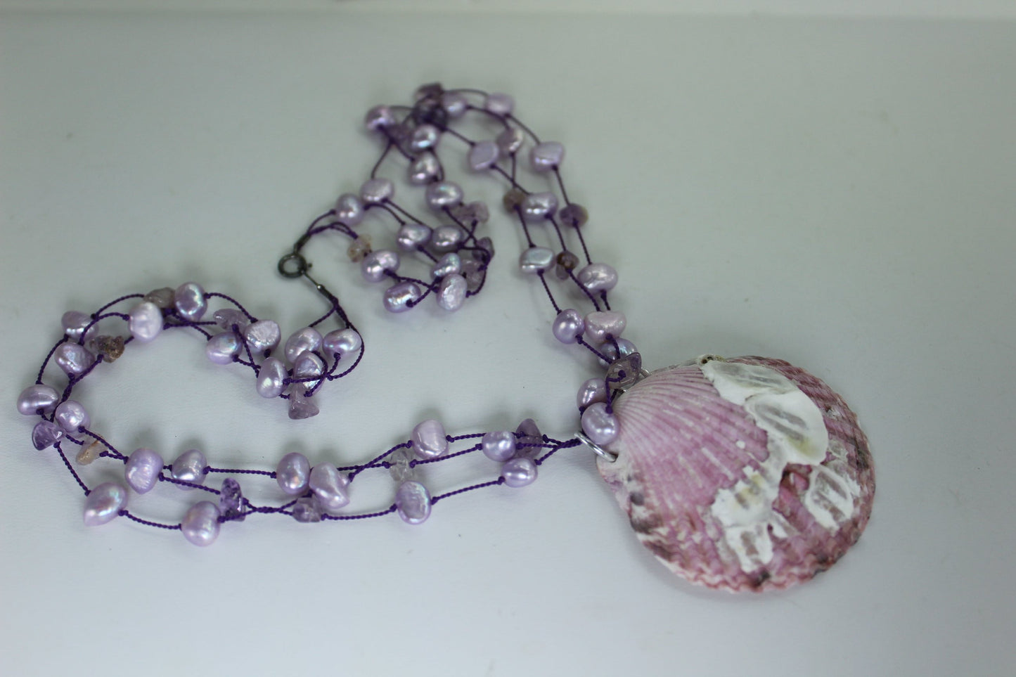 Shell Necklace Purple Scallop Barnacles Beads 17" Organic Natural lavender