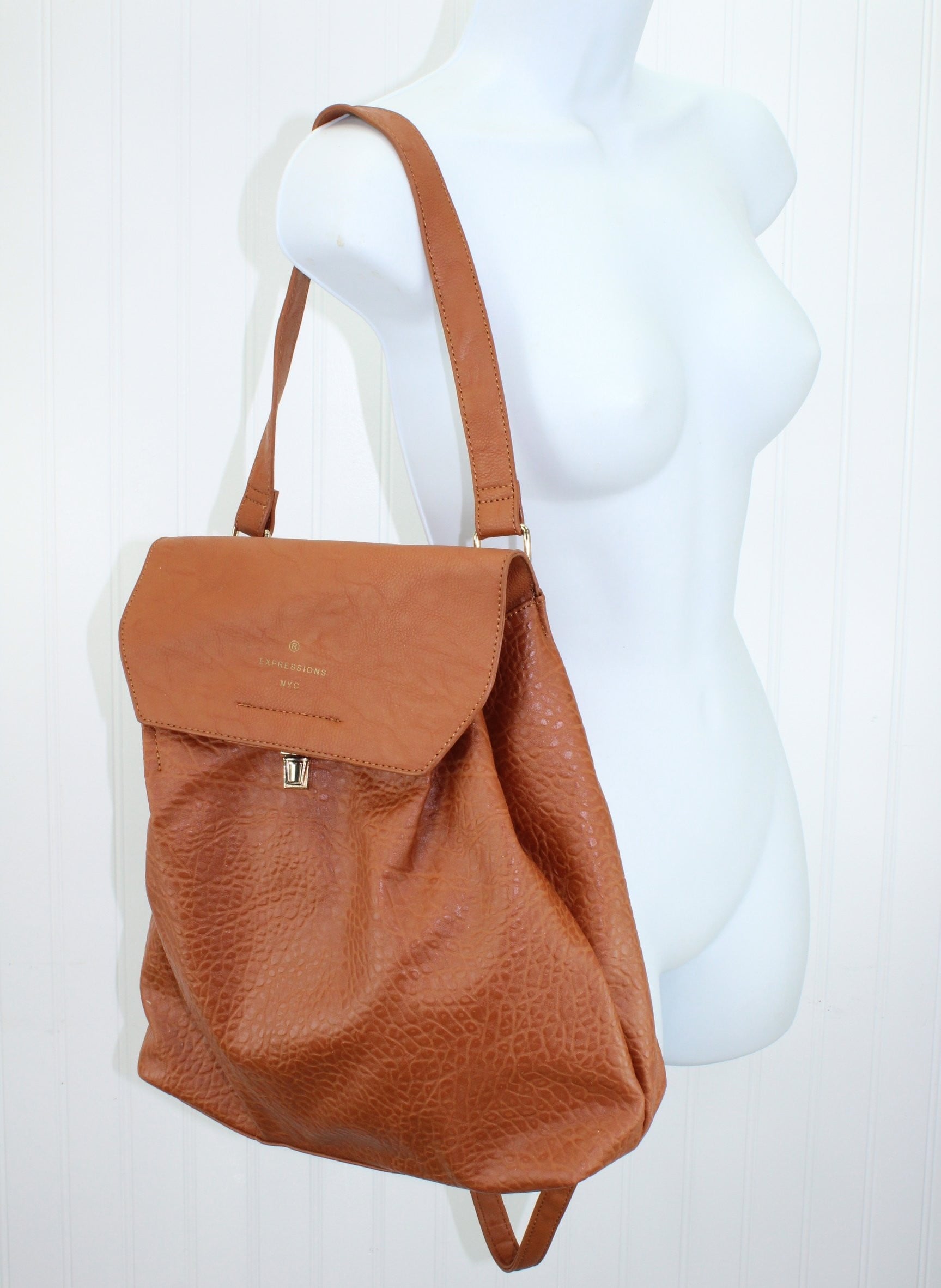 Expressions NYC Shoulder Bag Backpack Caramel Textured Faux  Leather Appears Unused