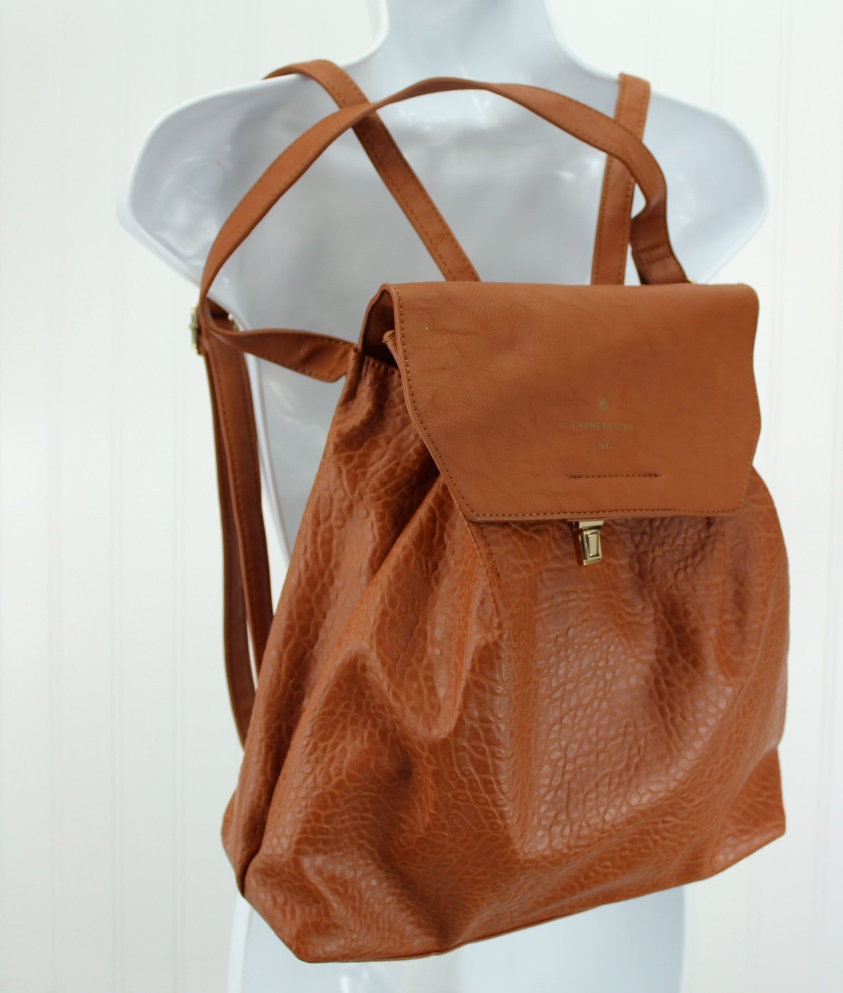 Expressions NYC Shoulder Bag Backpack Caramel Textured Faux  Leather Appears Unused comfortble back pack
