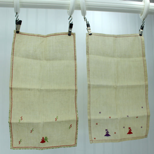 Antique Pair Ecru Fine Linen Towels Cloths Early Cross Stitch Fancy Hem Hand Work