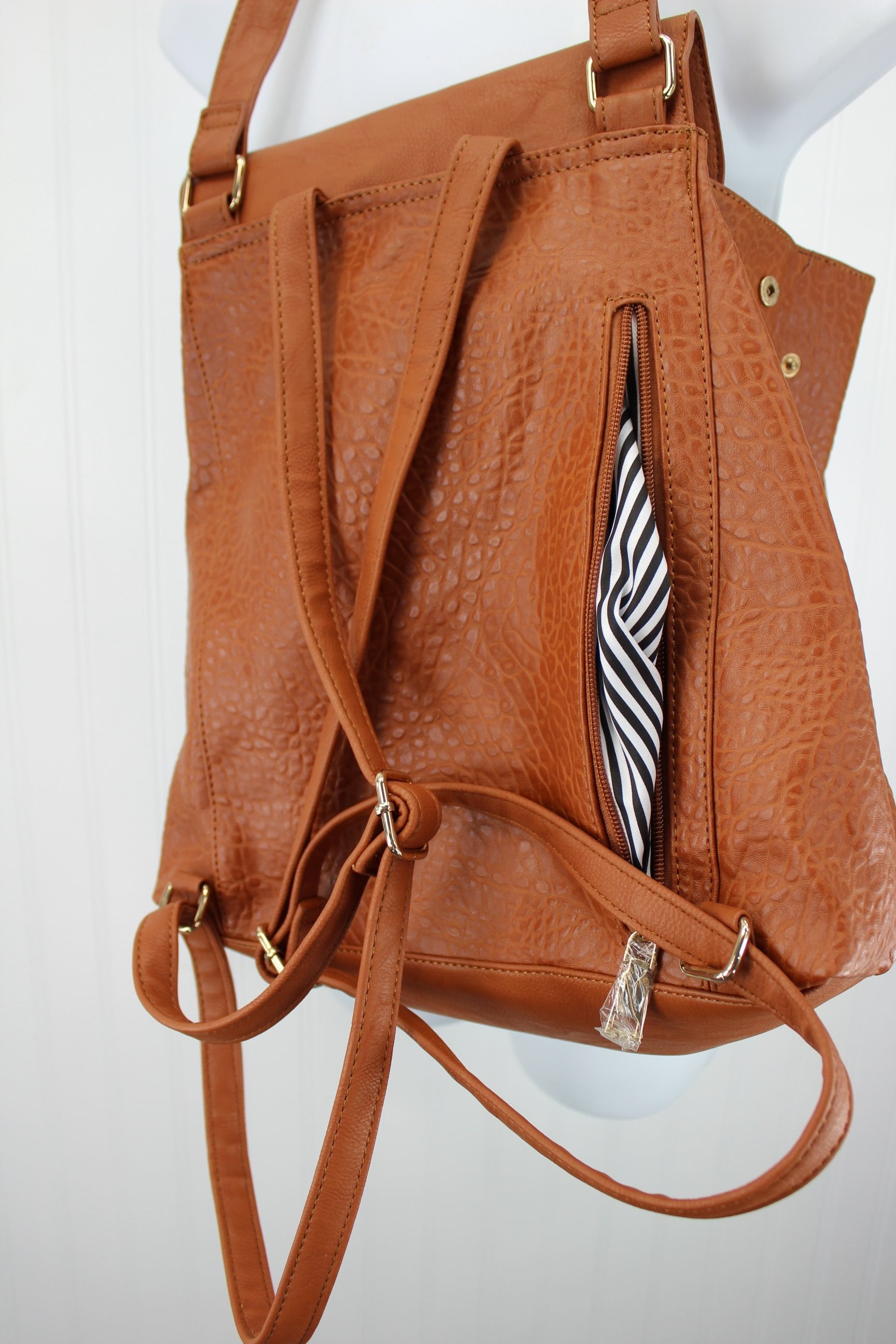 Expressions NYC Shoulder Bag Backpack Caramel Textured Faux  Leather Appears Unused stripe lining