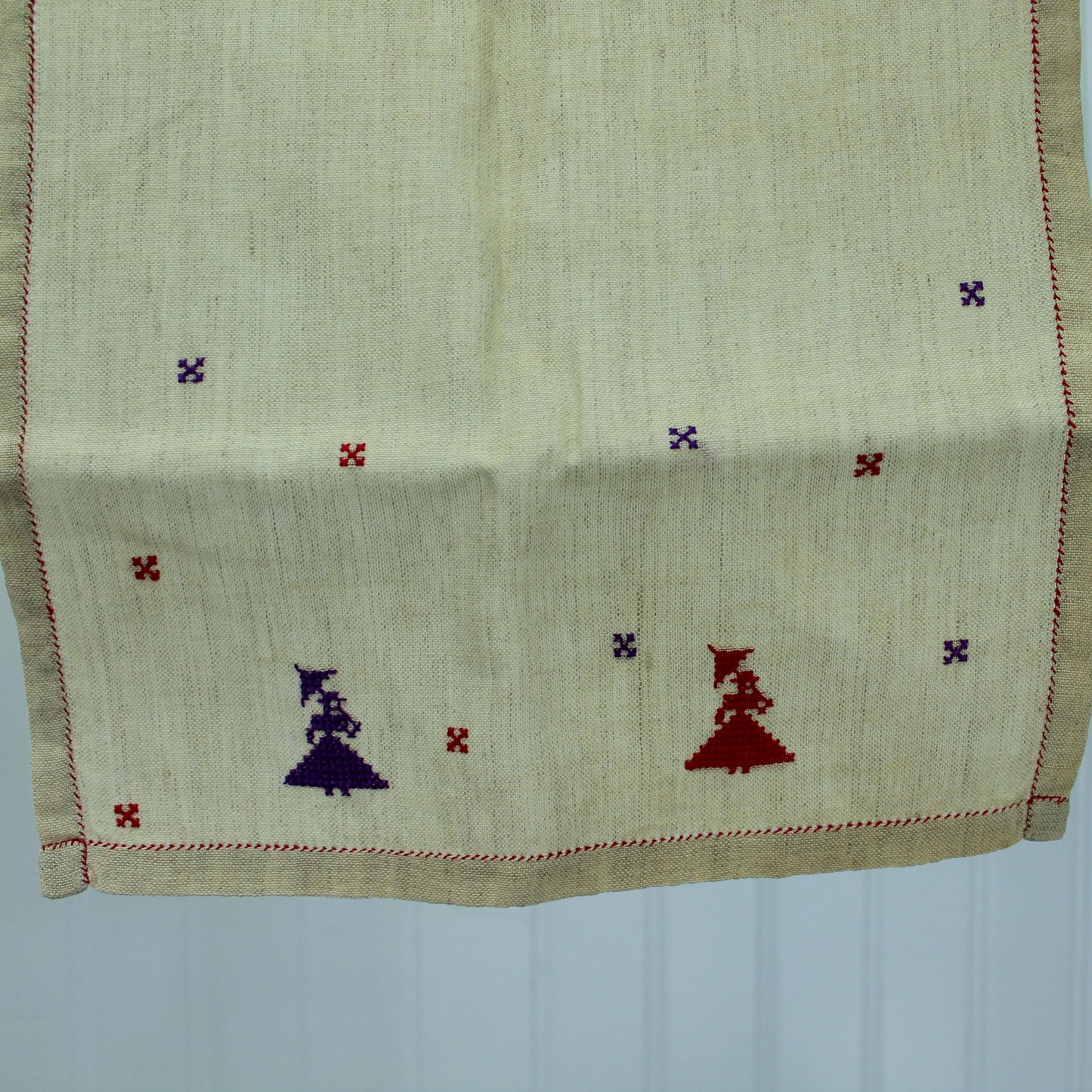 Antique Pair Ecru Fine Linen Towels Cloths Early Cross Stitch Fancy Hem Hand Work single view red purple cloth
