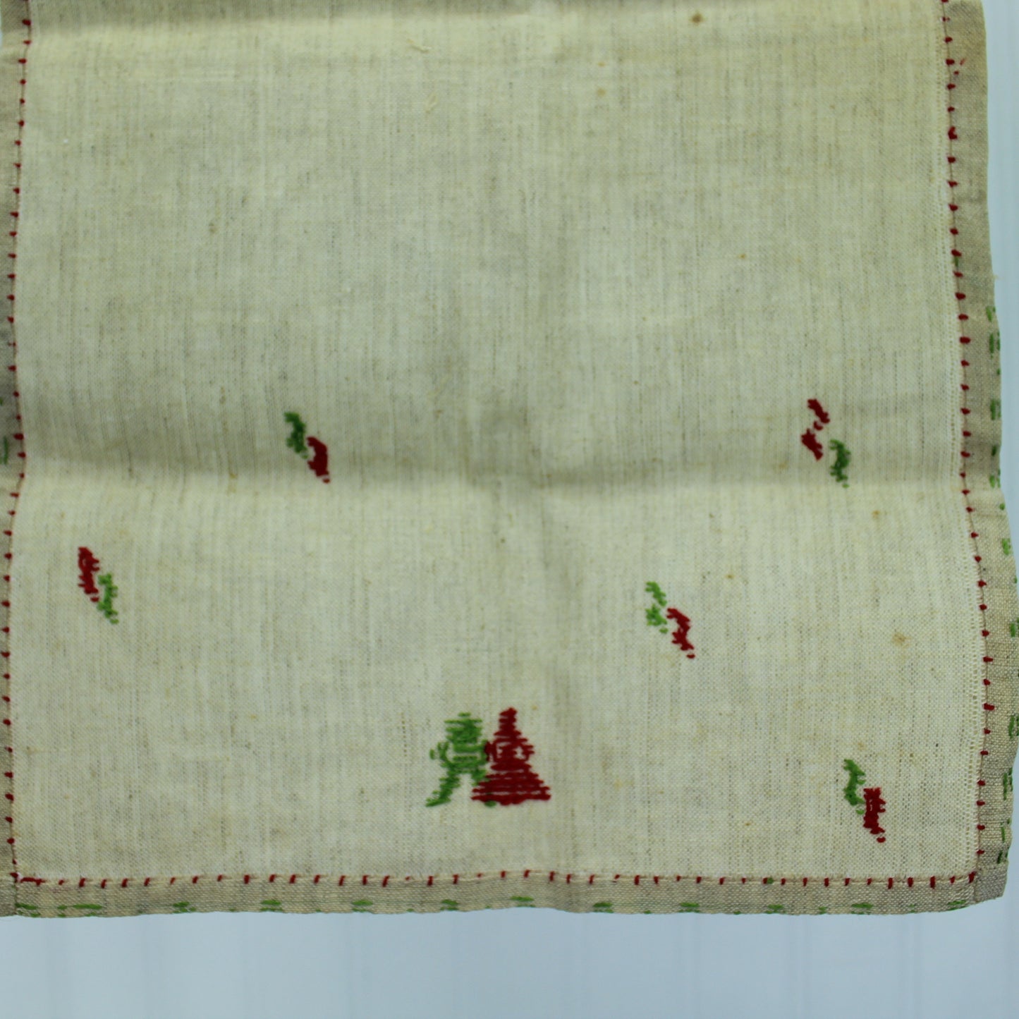 Antique Pair Ecru Fine Linen Towels Cloths Early Cross Stitch Fancy Hem Hand Work reverse view showing stitching