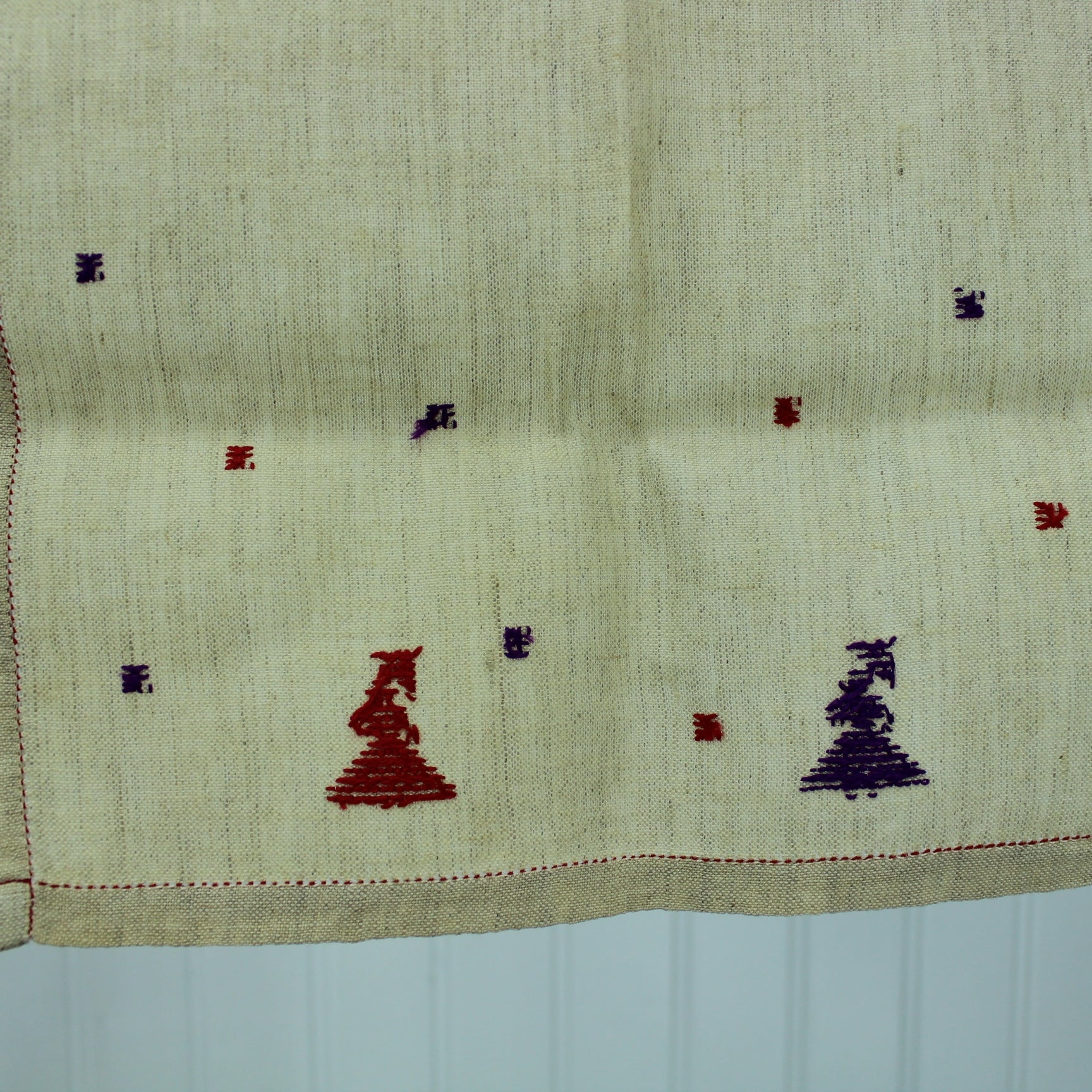 Antique Pair Ecru Fine Linen Towels Cloths Early Cross Stitch Fancy Hem Hand Work reverse view red purple cloth