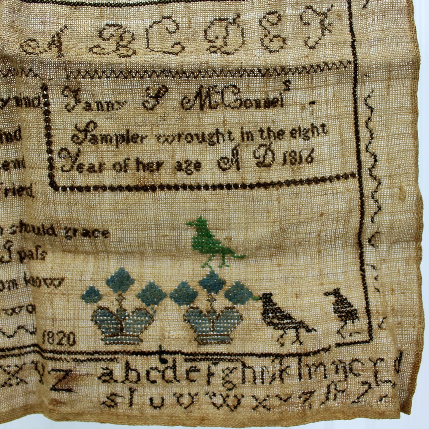 Antique Linen Sampler Fanny L McConnel Age 8 Dates 1816 1820 Crown Birds embroidered various stitches