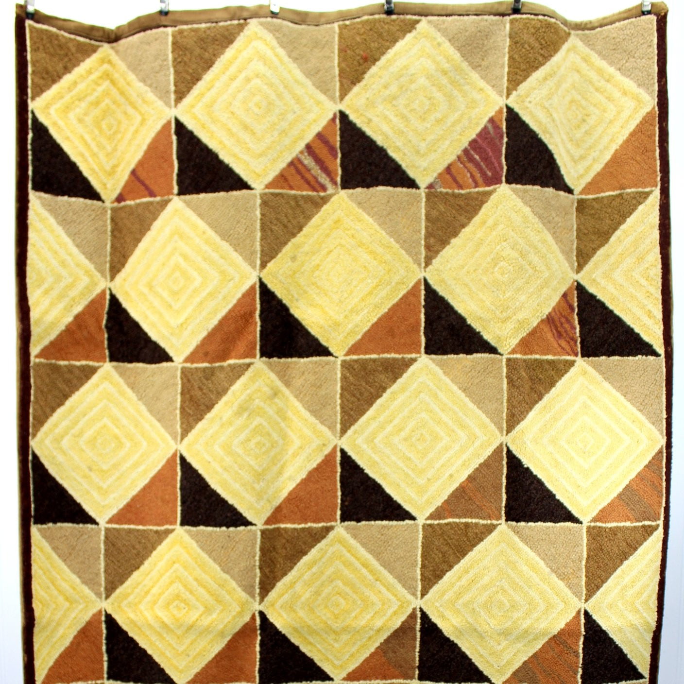 Vintage 1950s Hand Hooked Wool Rug - Tumbling Block Pattern - Mid Century Provenance