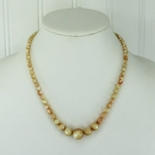 Older Mother of Pearl Necklace Cream Brown Graduated Size Round Beads Lovely