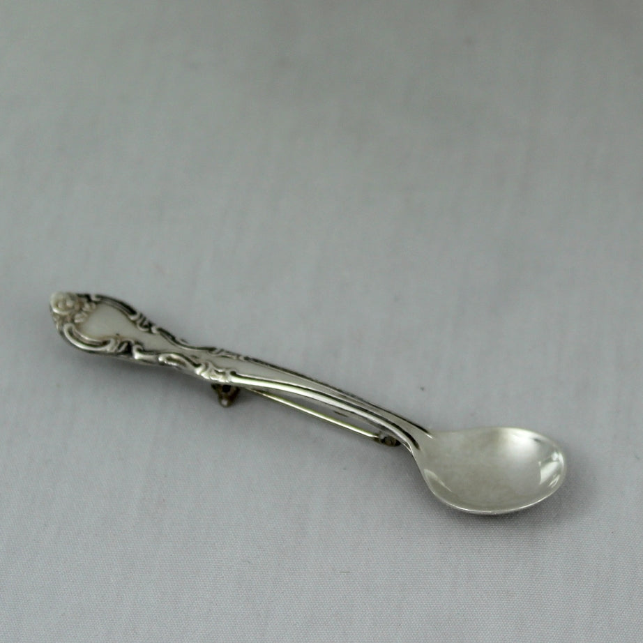 Sterling Silver Spoon Pin 1950s Mid Century Bride's Gift 2 1/2" floral pattern with swirls