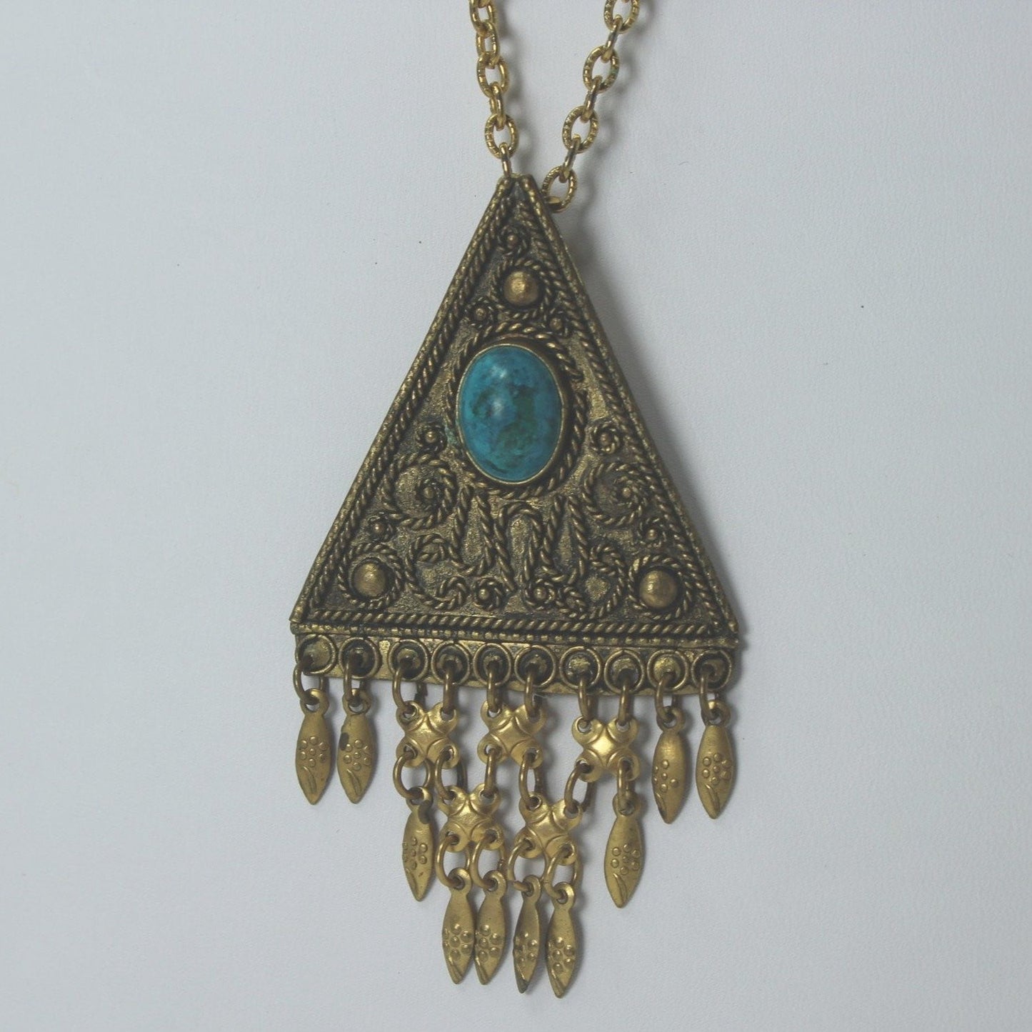 Necklace Israel Turquoise Color Stone 24" Long Necklace Triangular Pendant Filigree collectible