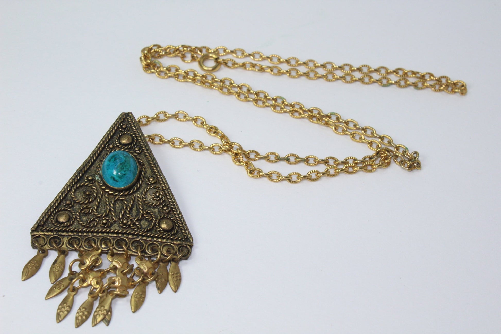 Necklace Israel Turquoise Color Stone 24" Long Necklace Triangular Pendant Filigree