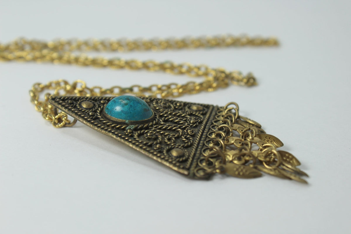 Israeli Necklace - Turquoise Color Stone Triangular Pendant Filigree ...