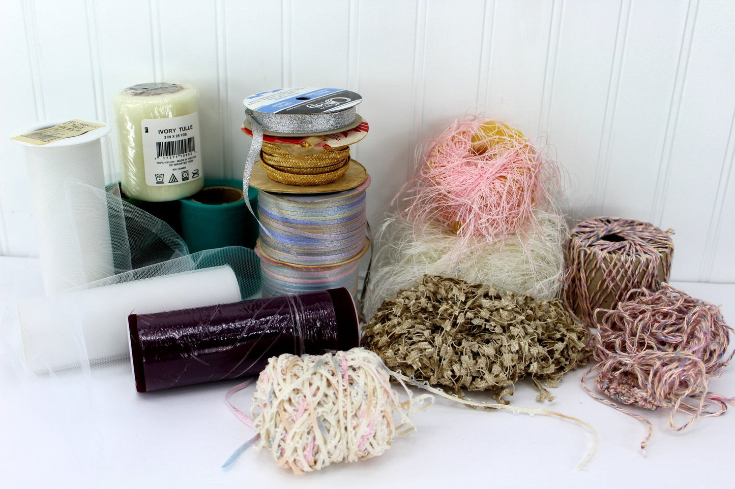 Collection Lot Miscellaneous Trim Ribbon Tulle Eyelash Yarn closeup yarn ribbon