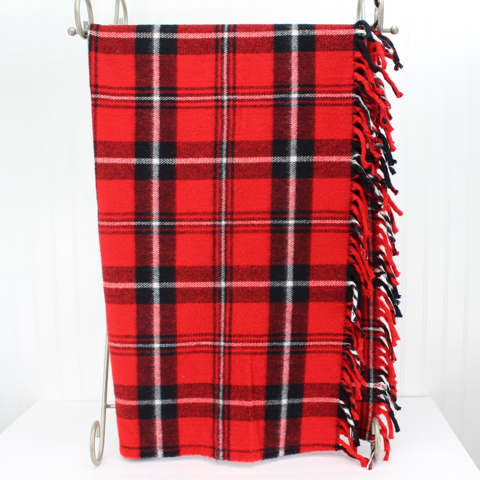 Faribo Classic Red Plaid Acrylic Fringed Throw width view of blanket doubled