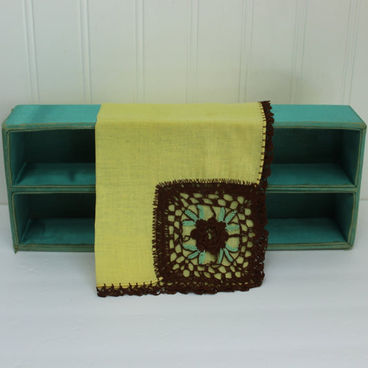 Crochet Corner Handkerchief Yellow Brown Aqua Flower Hand Edging DIY Clothing Crafts
