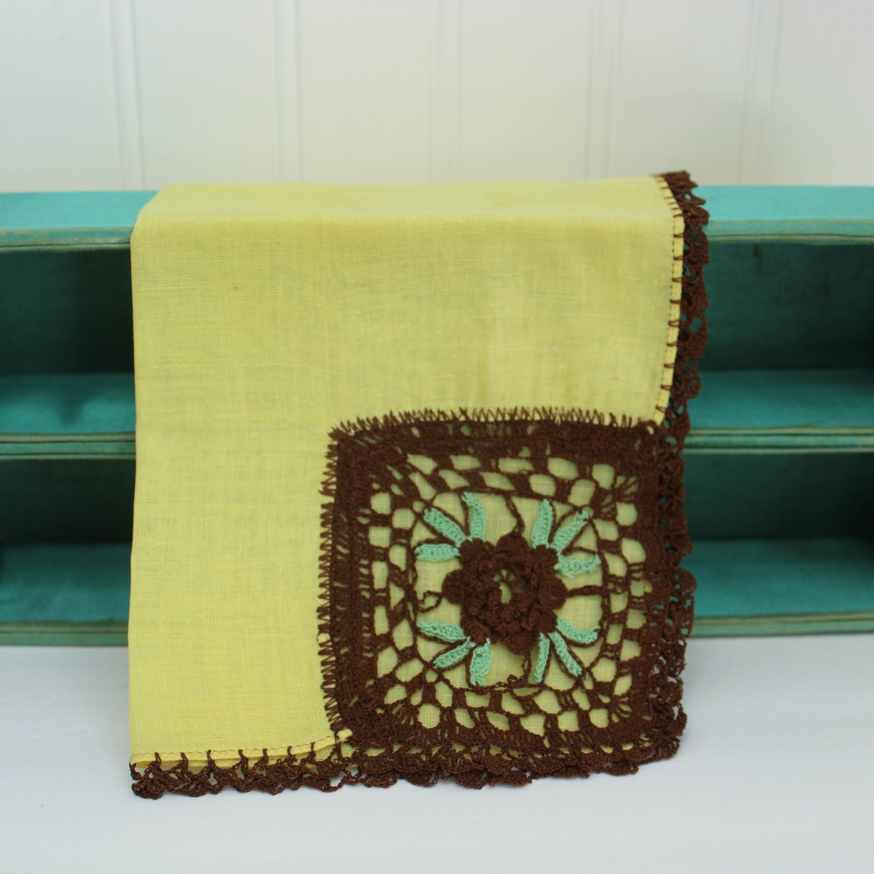 Crochet Corner Handkerchief Yellow Brown Aqua Flower Hand Edging DIY Clothing Crafts closeup of corner decor
