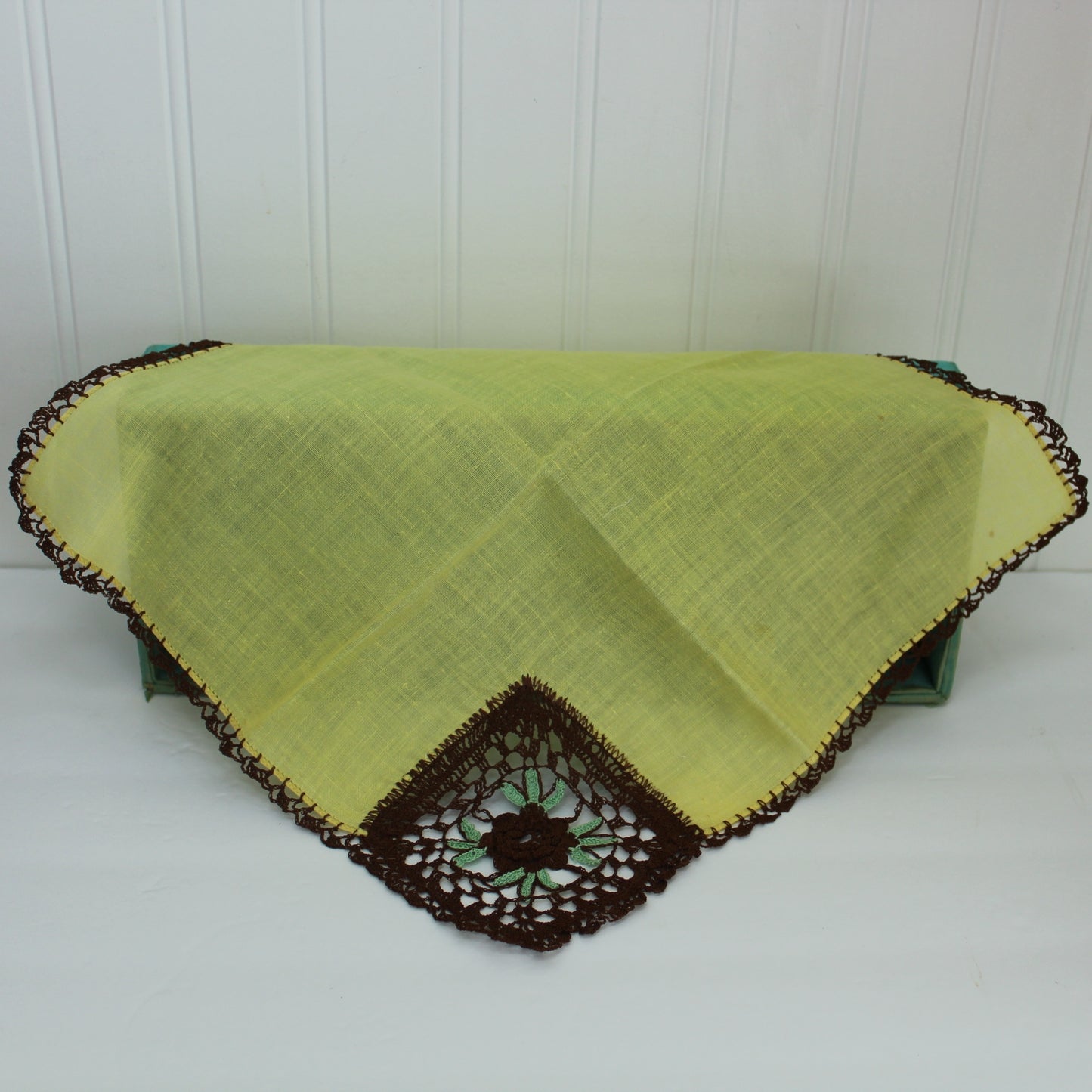 Crochet Corner Handkerchief Yellow Brown Aqua Flower Hand Edging DIY Clothing Crafts lovely colors in this unusual hanky