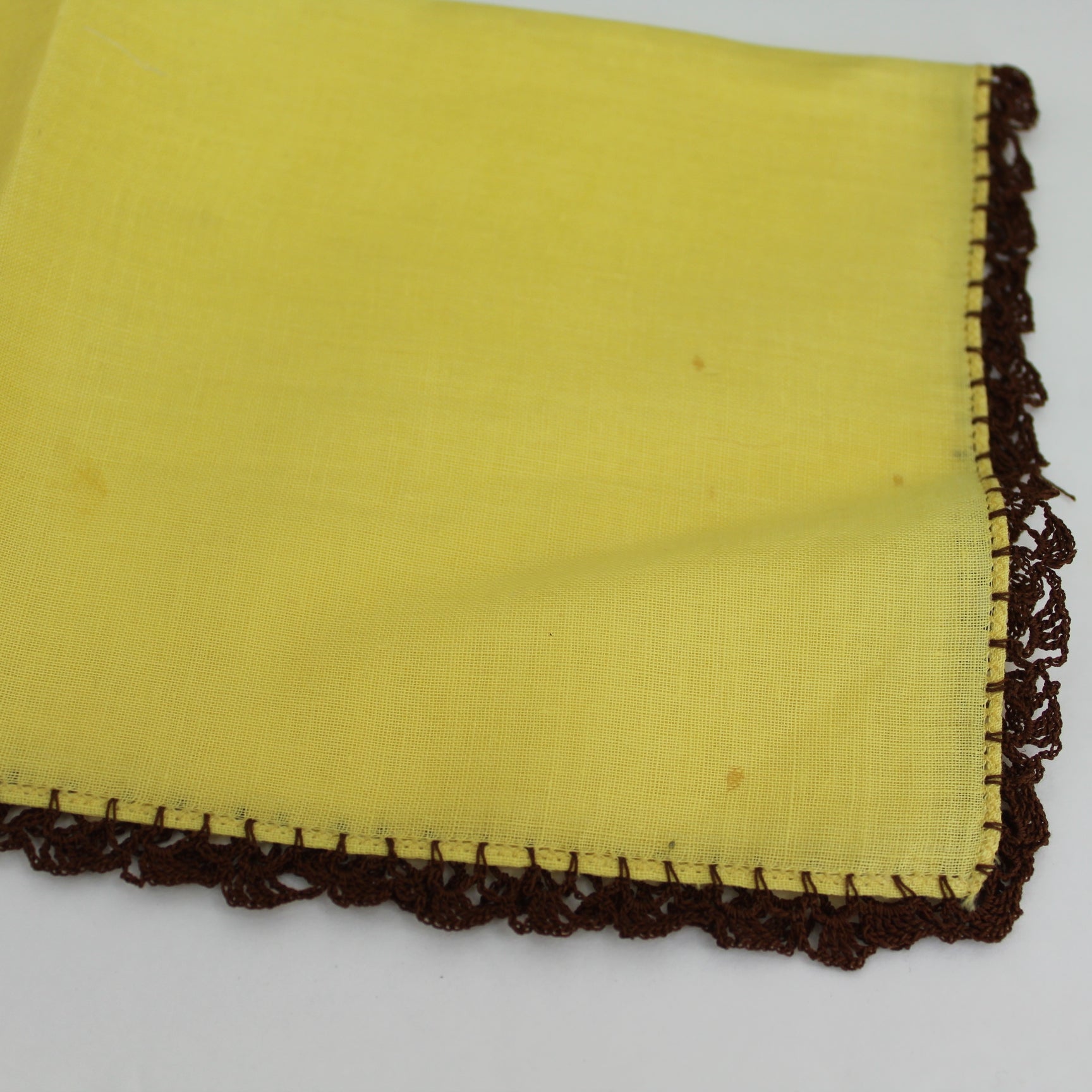 Crochet Corner Handkerchief Yellow Brown Aqua Flower Hand Edging DIY Clothing Crafts closeup showing packing spots
