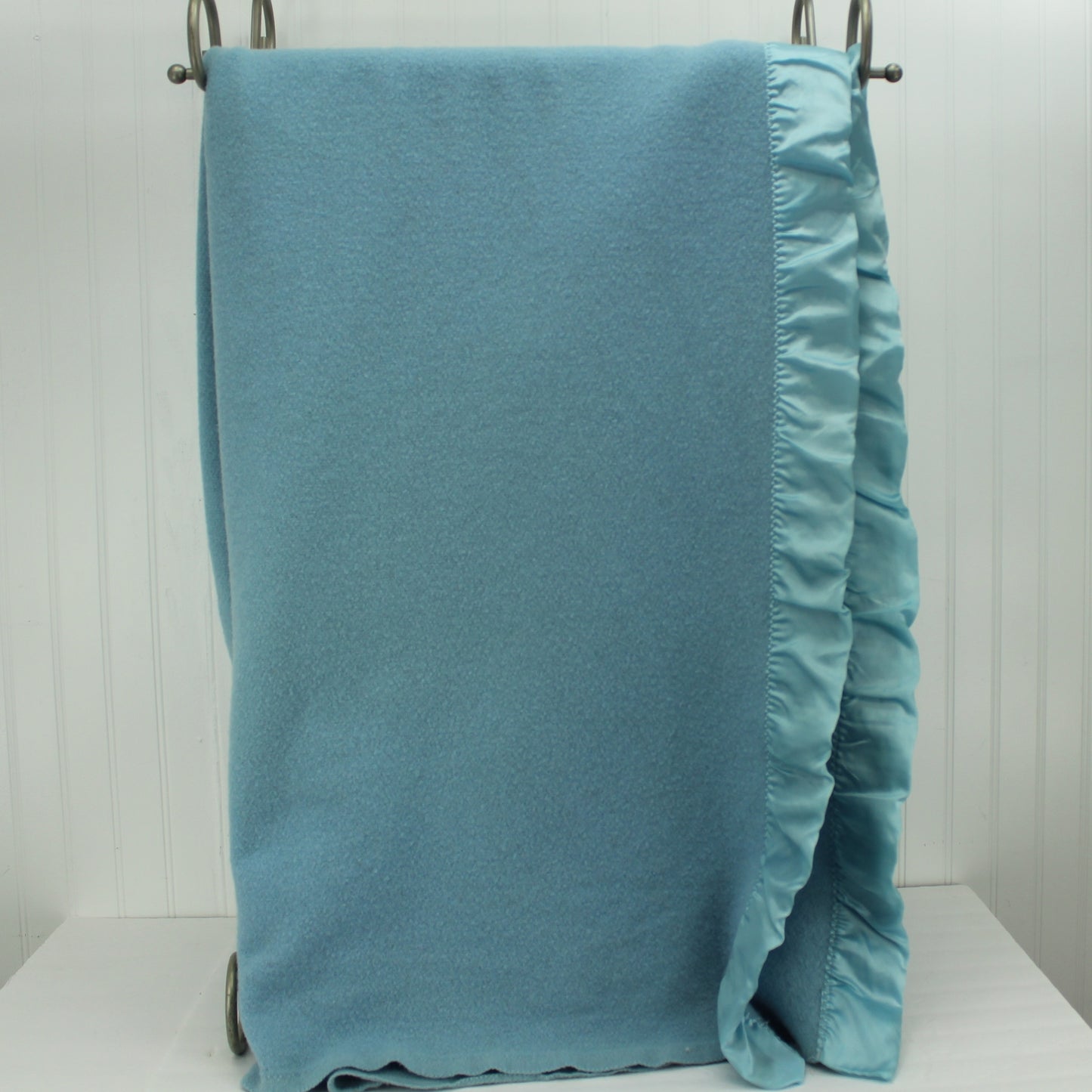 Copy of Faribo Wool Sky Blue Blanket Satin Binding 80" X 82" folded view of blanket