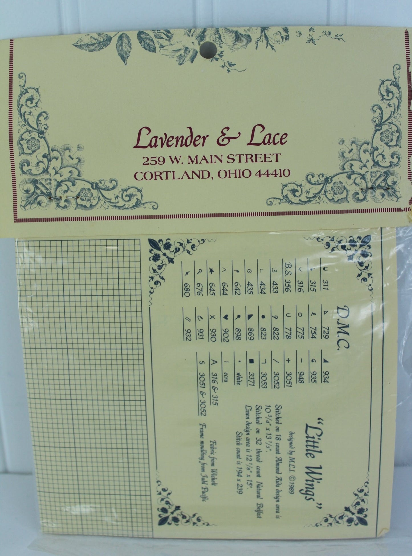 Lavender & Lace Cross Stitch "Little Wings" Pattern Chart Vintage New 1989 includes DMC thread numbers