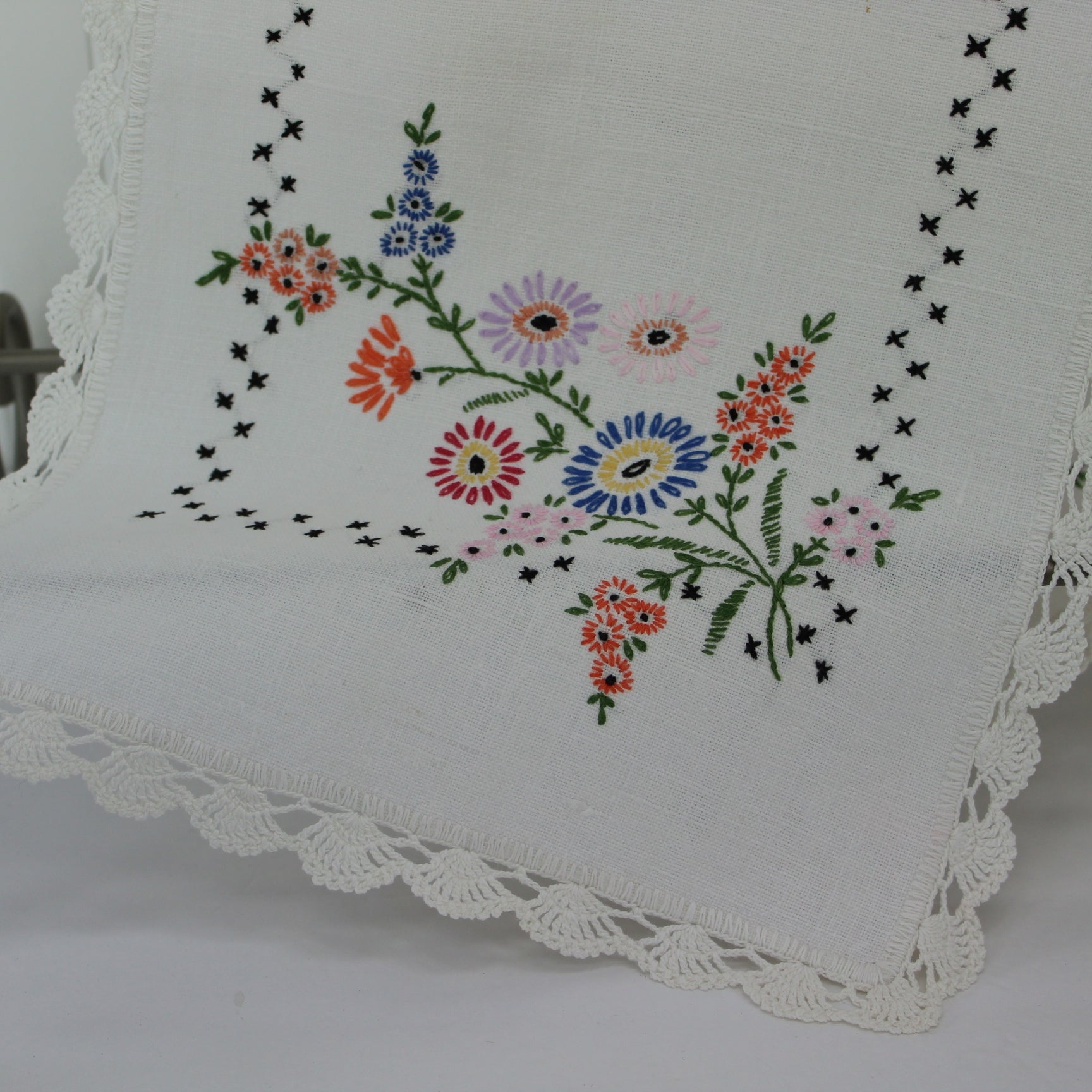 Heavy Linen Table Runner Intricately Embroidered Mid Century 39" X 12" closeup of end