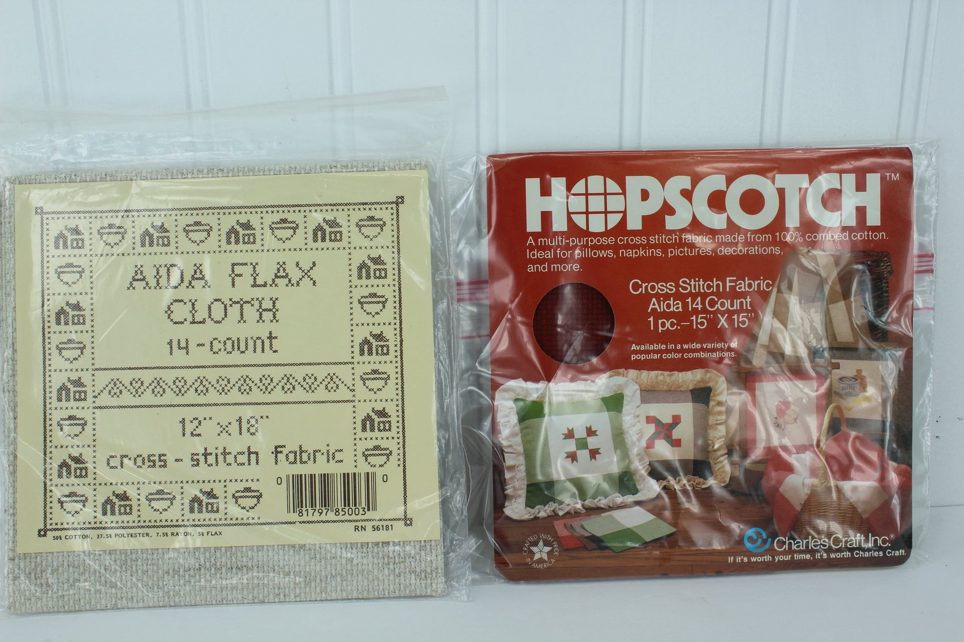 Cross Stitch Fabric Aida Flax Natural & Hopscotch Deep Red Ivory pillow with borders pattern