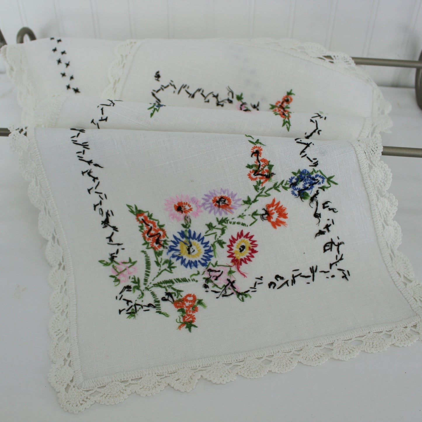 Heavy Linen Table Runner Intricately Embroidered Mid Century 39" X 12" reverse side of runner showiing hand stitching