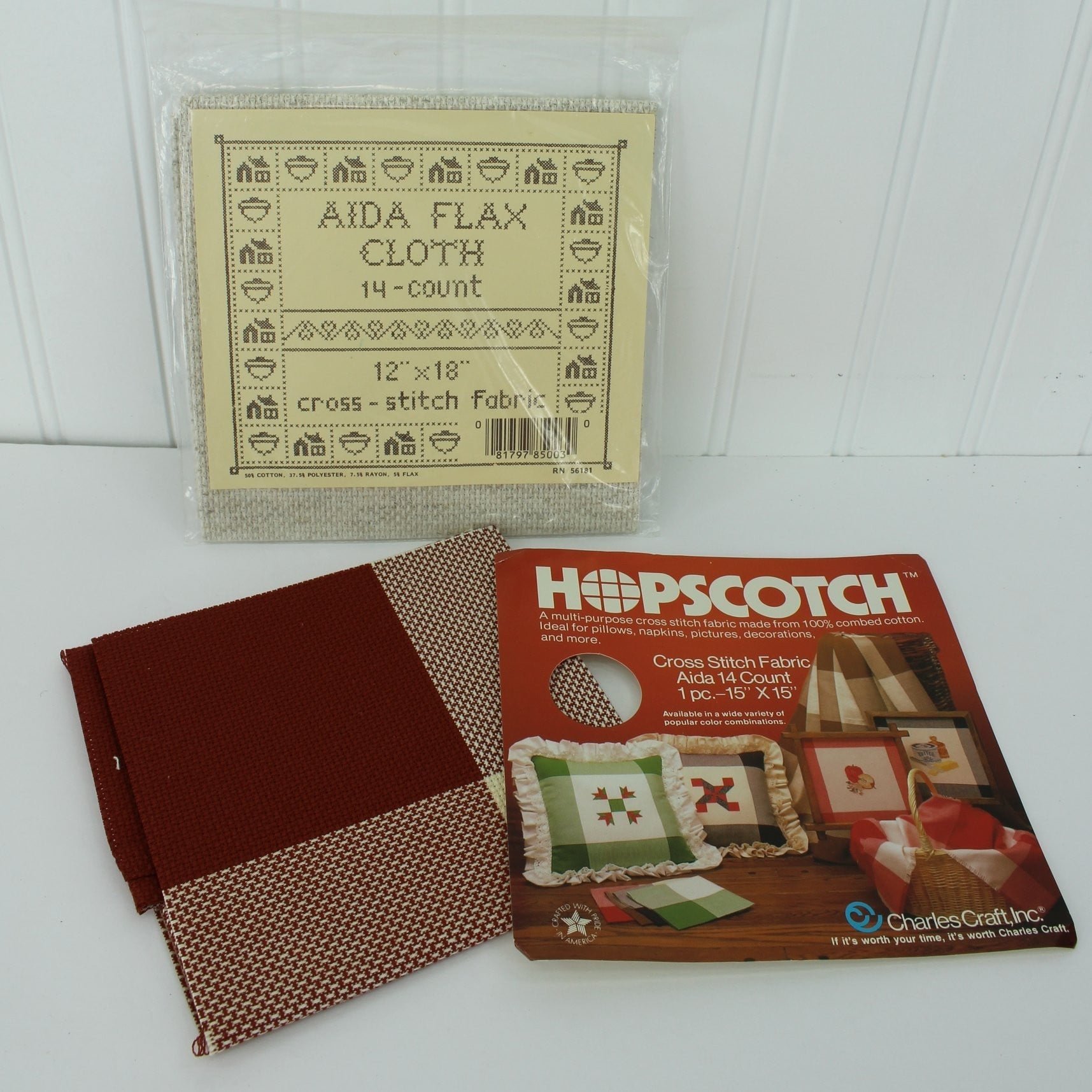 Cross Stitch Fabric Aida Flax Natural & Hopscotch Deep Red Ivory