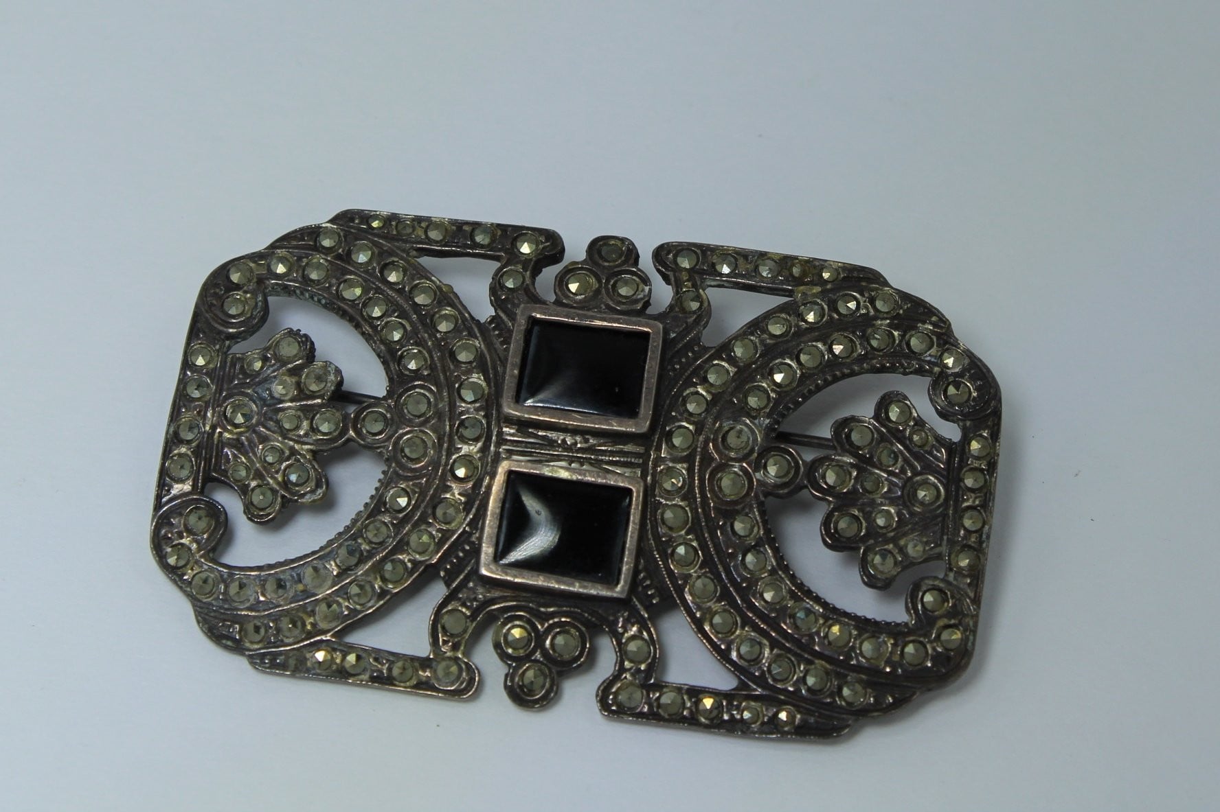 Silver and Onyx and Marcasite 2024 deco brooch