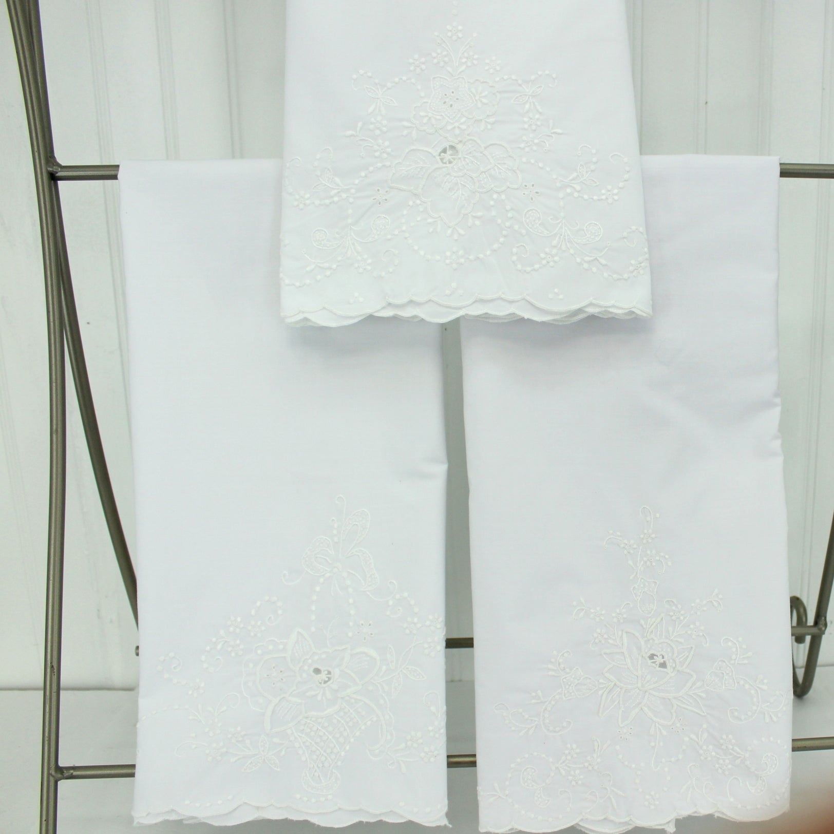 Collection 3 White Embroidered Pillow Cases Use or DIY Repurpose Clothing