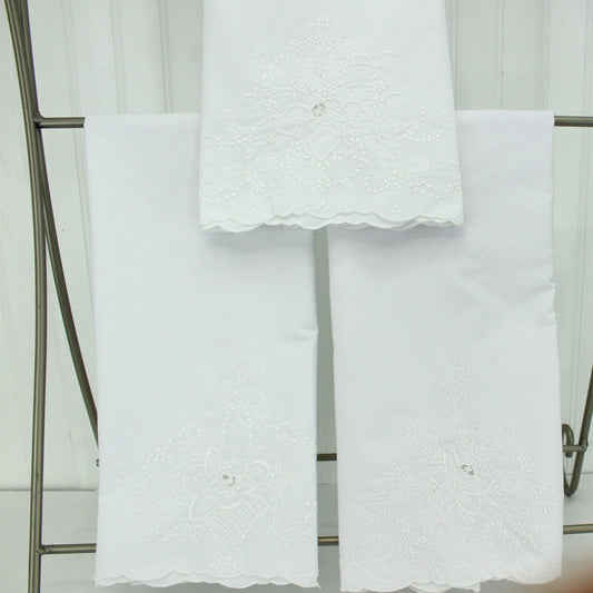 Collection 3 White Embroidered Pillow Cases Use or DIY Repurpose Clothing