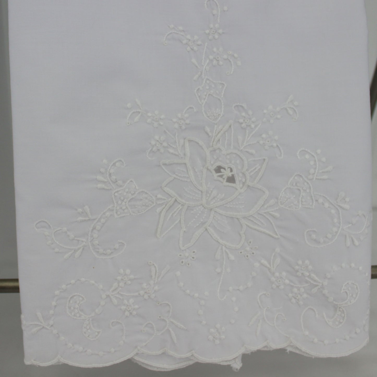 Collection 3 White Embroidered Pillow Cases Use or DIY Repurpose Clothing closeup design 2