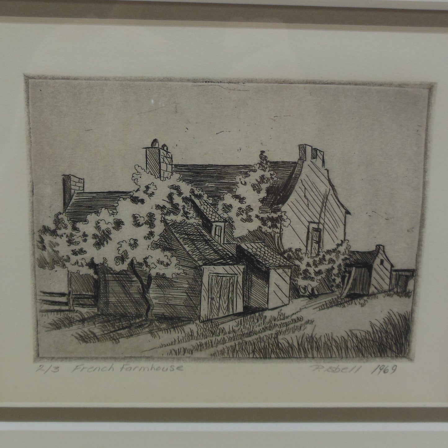 P. Isbell Signed 1969 Framed Print Art "French Farmhouse" Black White