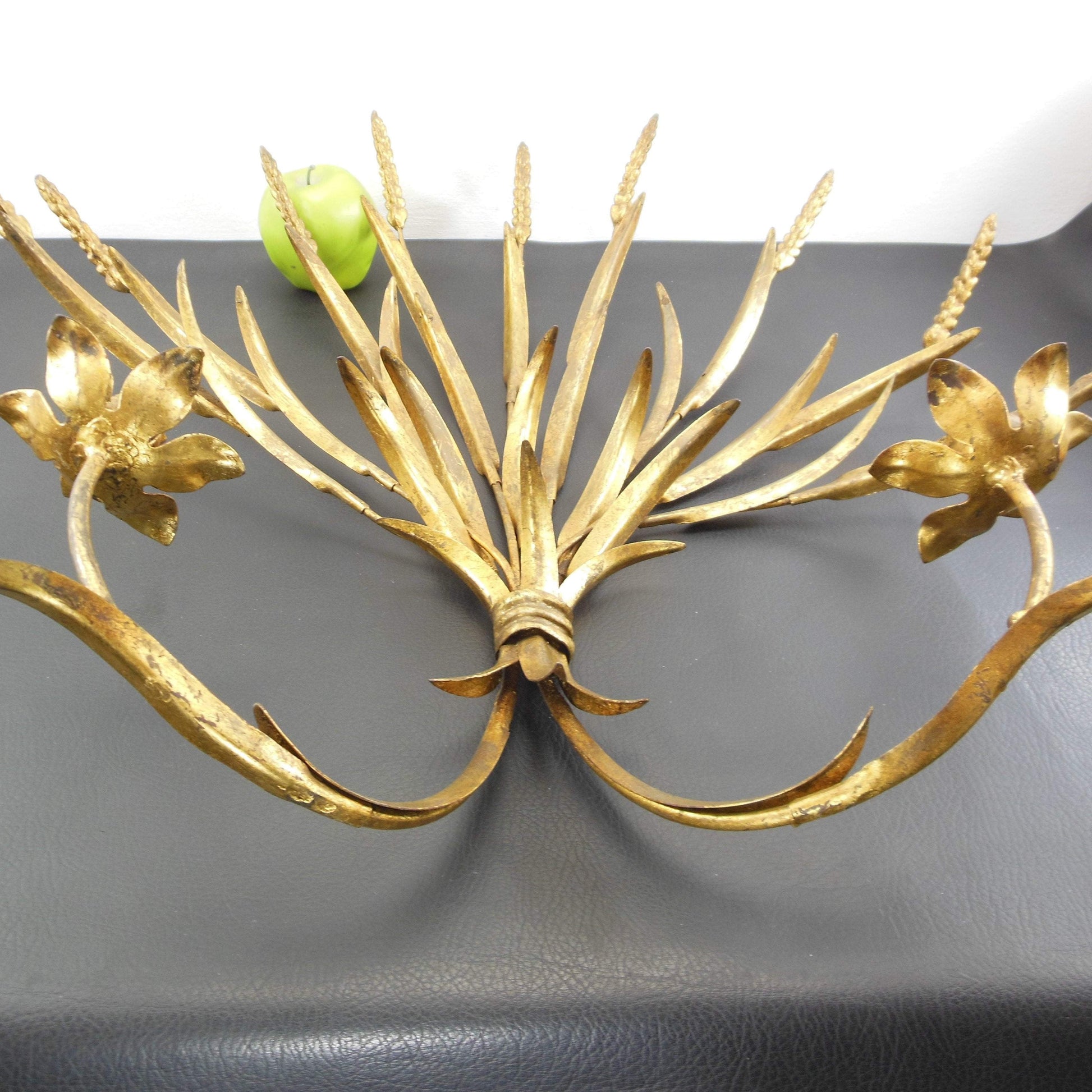 Italian Mid Century Gold Leaf Tole Wheat Flower Candle Sconce Vintage