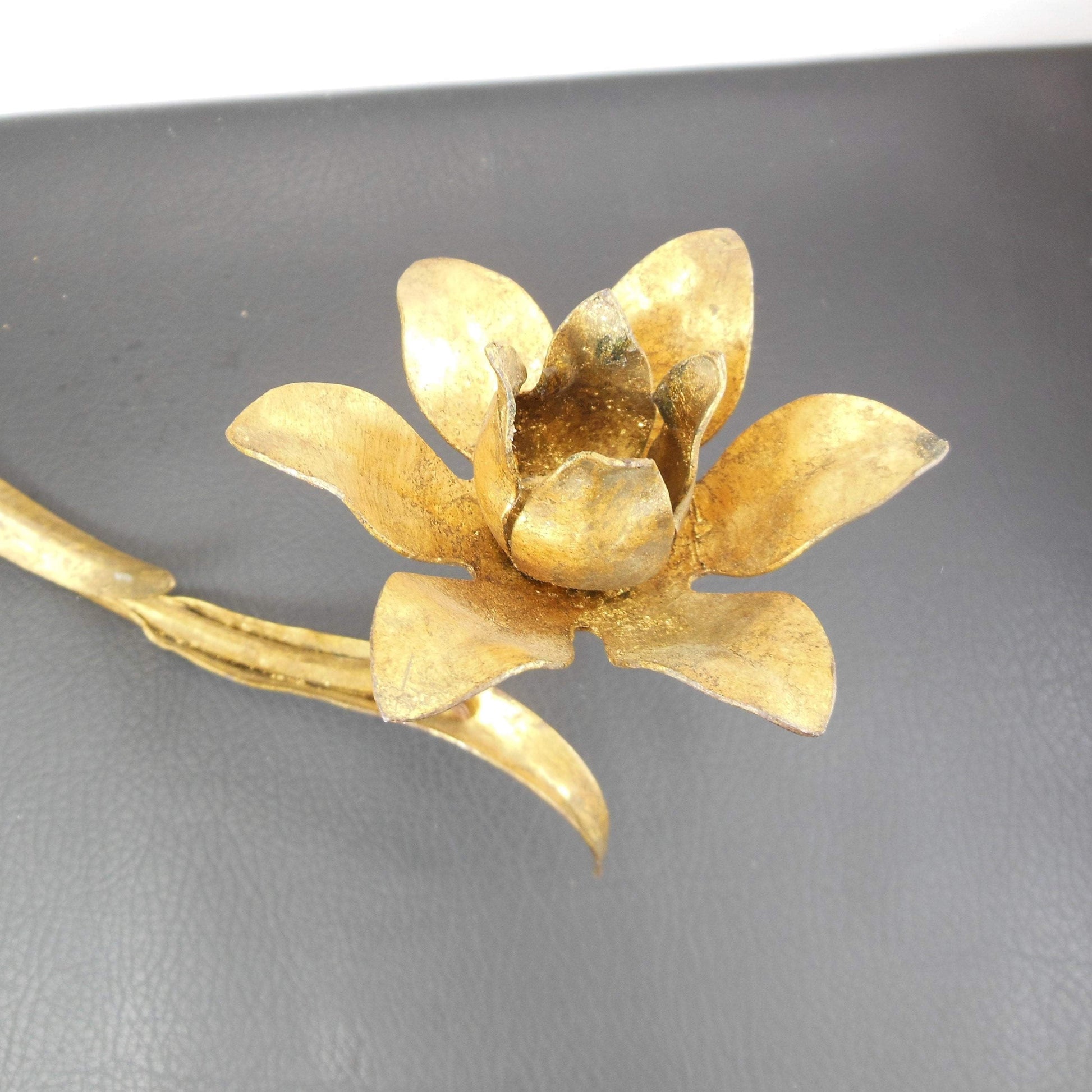 Italian Mid Century Gold Leaf Tole Wheat Flower Candle Sconce Used