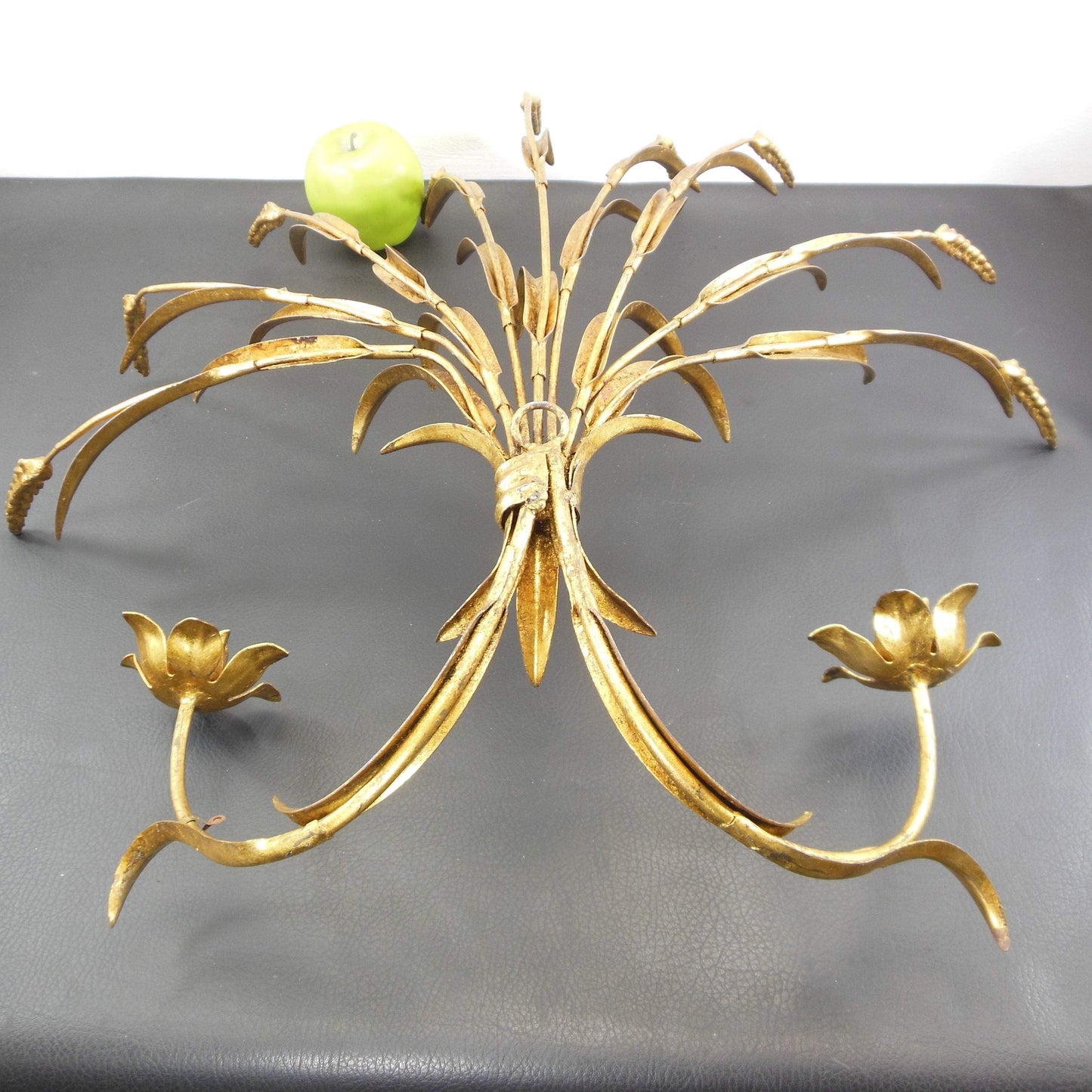 Italian Mid Century Gold Leaf Tole Wheat Flower Candle Sconce Metal