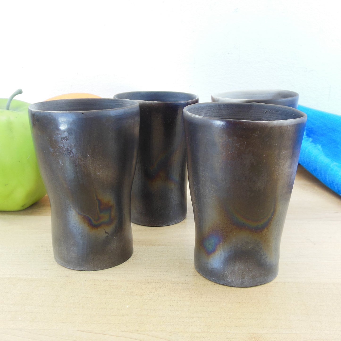 Joiner Signed Raku Porcelain Pottery Tea Cup Tumbler 4 Set