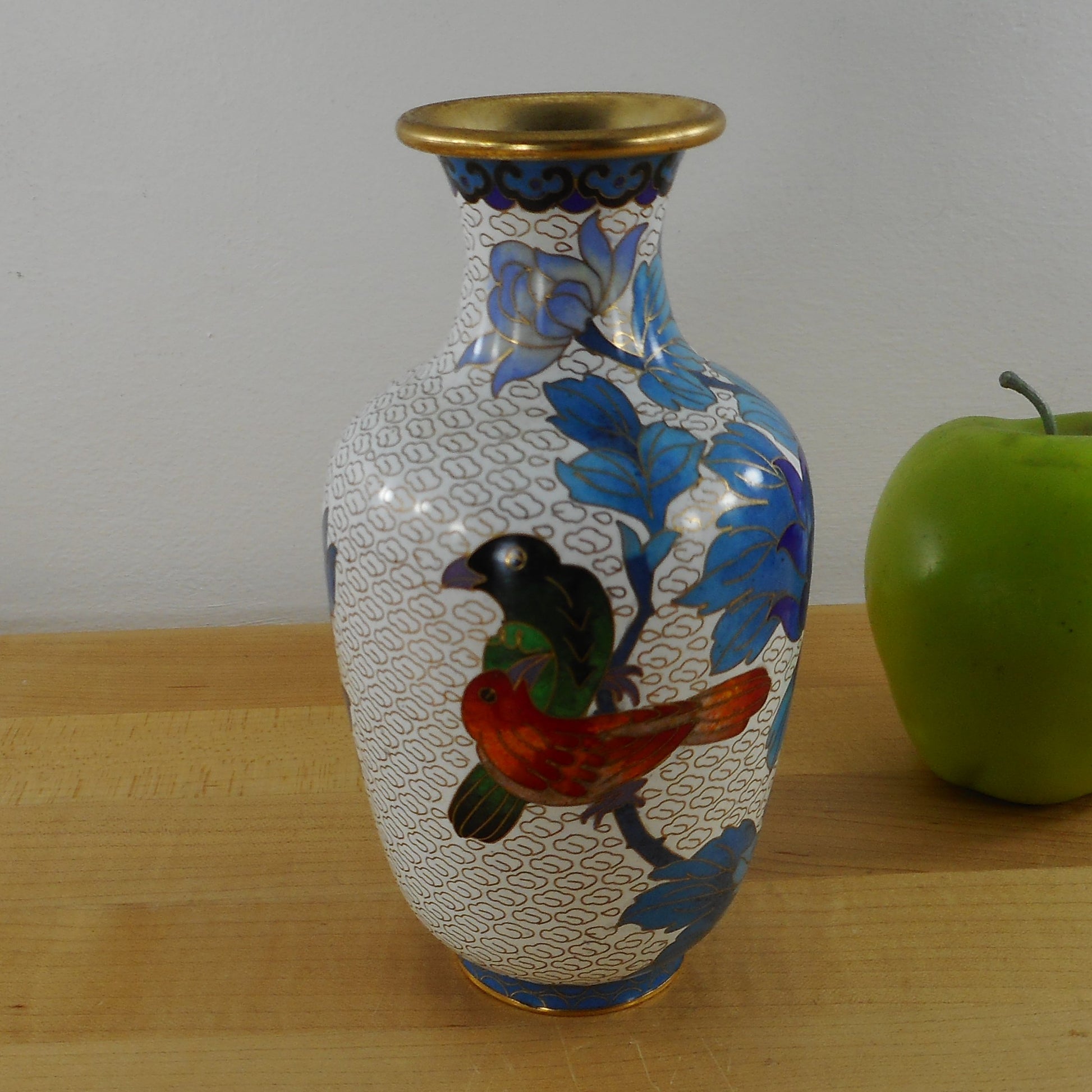 Chinese/Japanese Unsigned Cloisonne Vase Blue Flowers Birds 6.25" Vintage