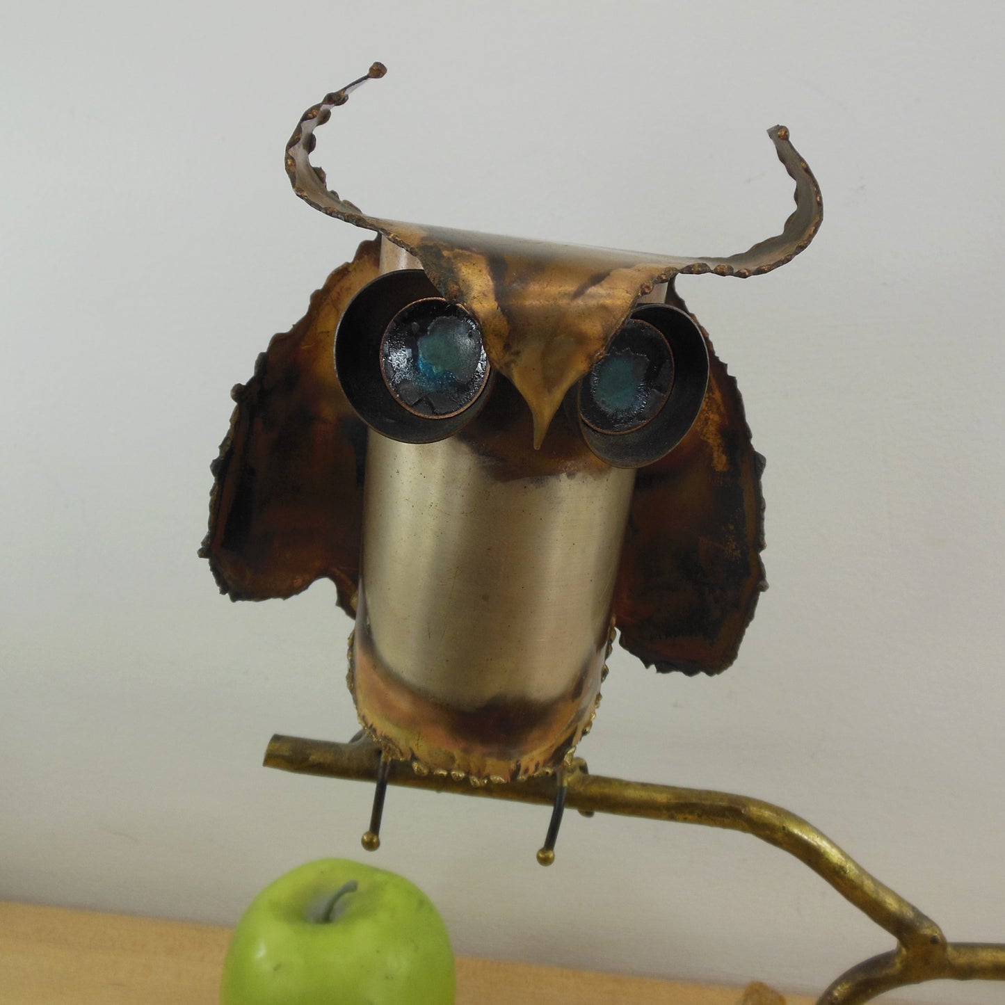 Jere Signed 1971 Owl On Branch Sculpture Blue Enamel Eyes Brass Copper Onyx Vintage