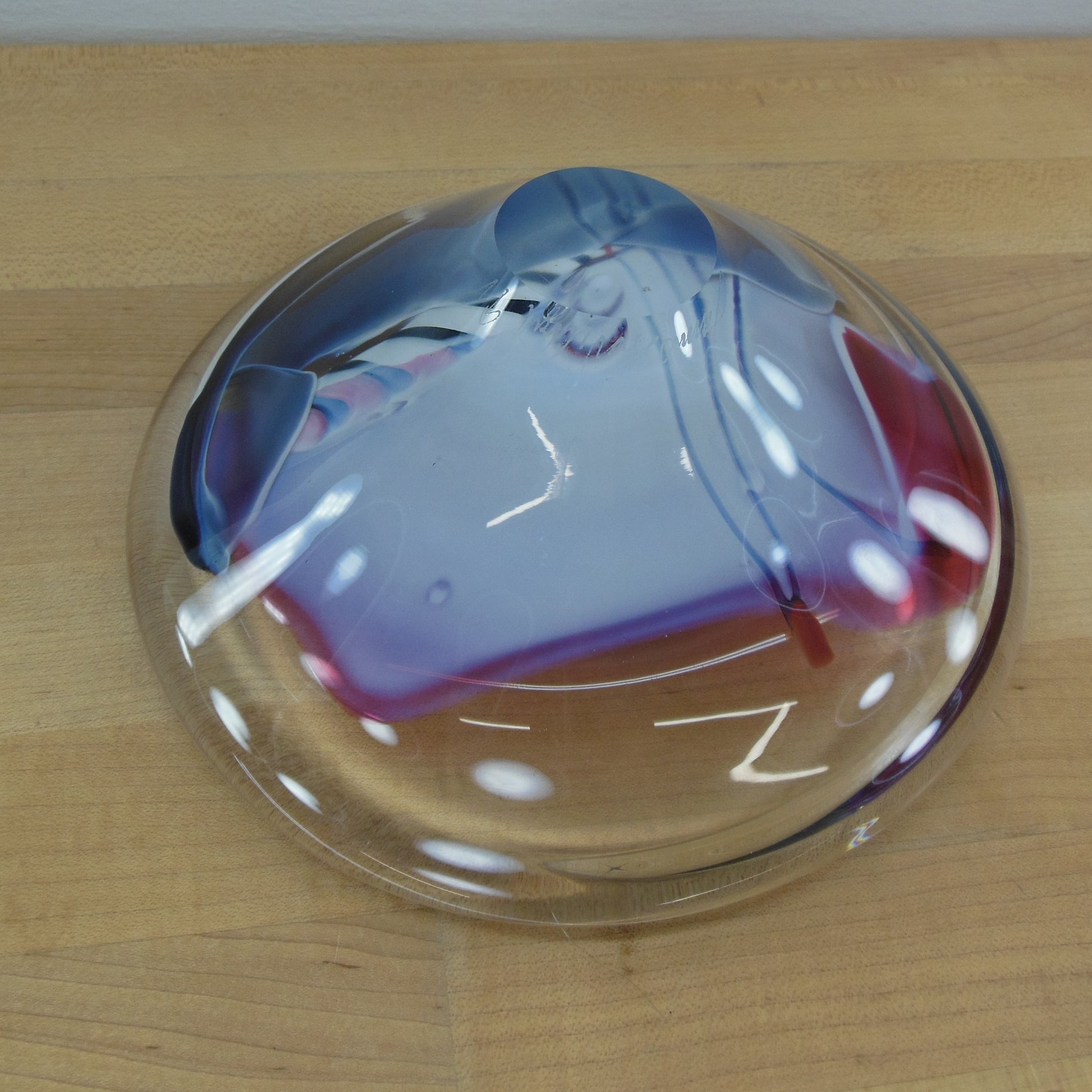 James R. Wilbat 1992 Blown Art Glass Bowl 8.25" Abstract Cranberry Blue Clear