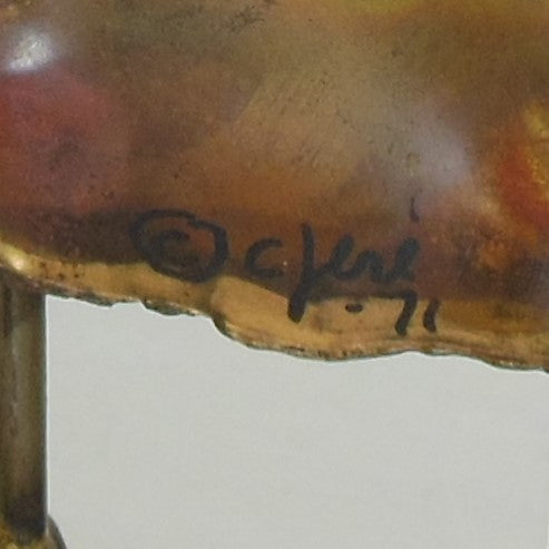 Jere Signed 1971 Owl On Branch Sculpture Blue Enamel Eyes Brass Copper Onyx MCM