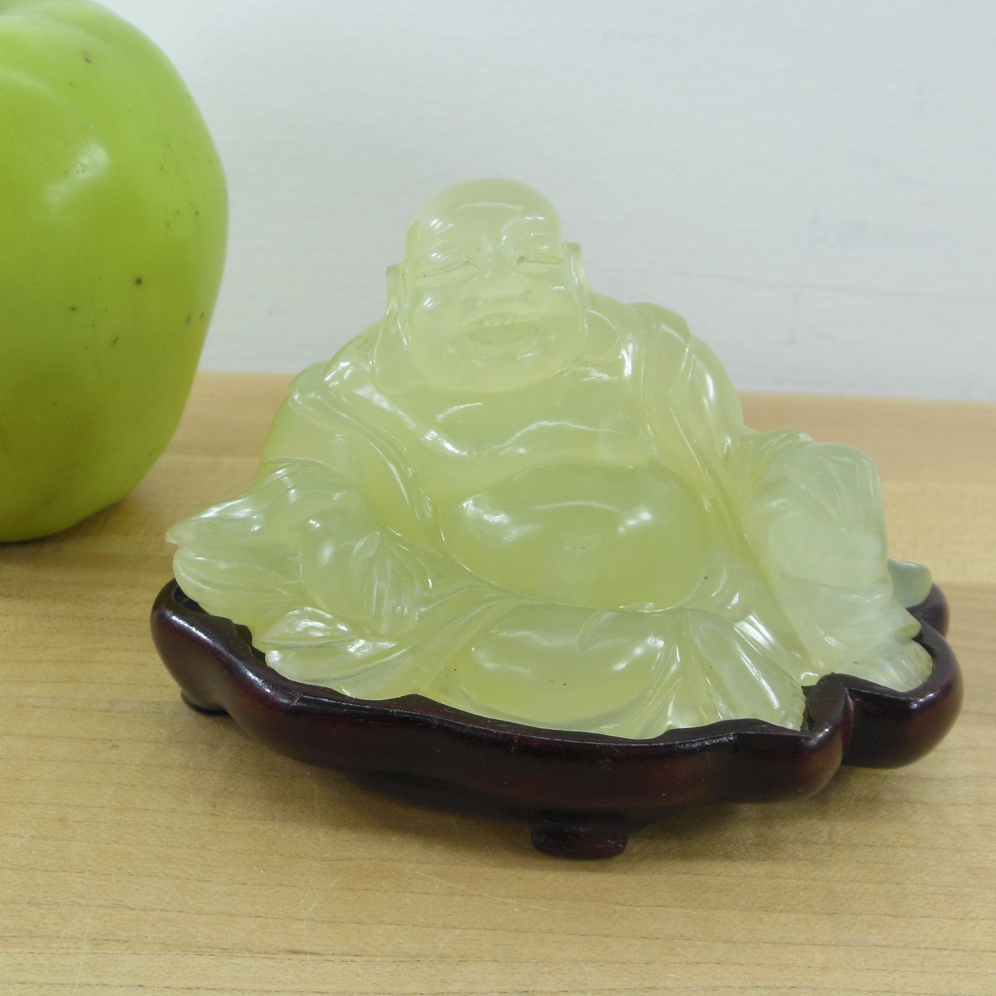 Buddha Reclining Seated Carved Jade Statue Wood Base