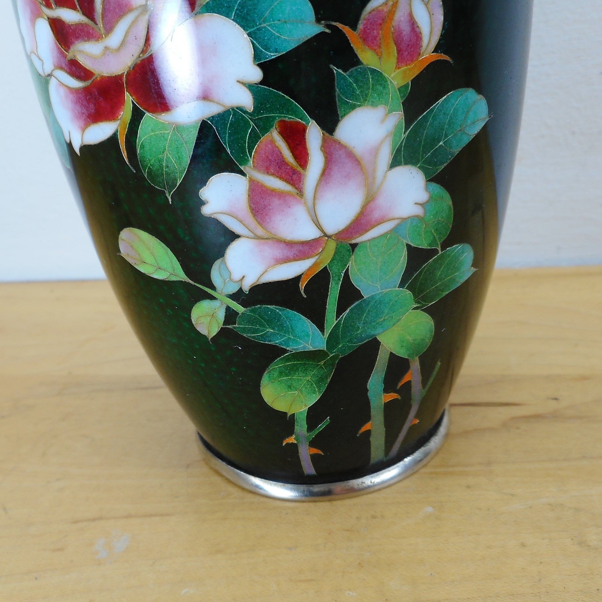 Japanese 6" Vase Green Ginbari Cloisonne Pink Roses - Marked Made In Japan Vintage