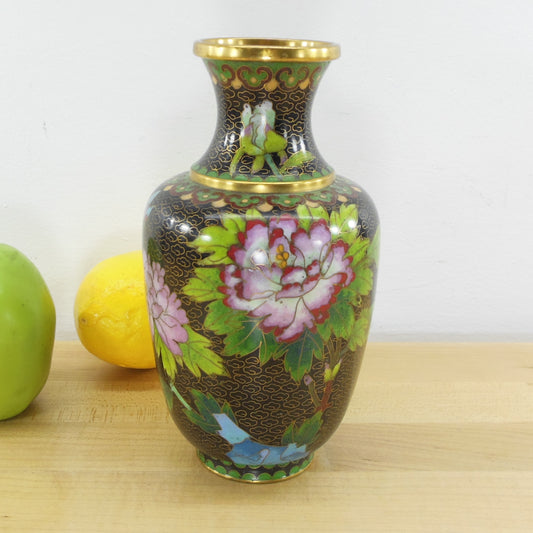 Chinese/Japanese Unsigned Brass Cloisonne Vase Black with Flowers 7"