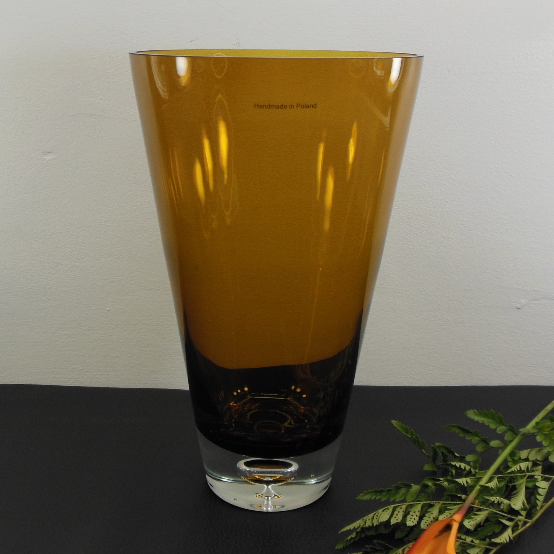 Krosno Poland Amber Glass Vase Control Bubble Tapered 12"
