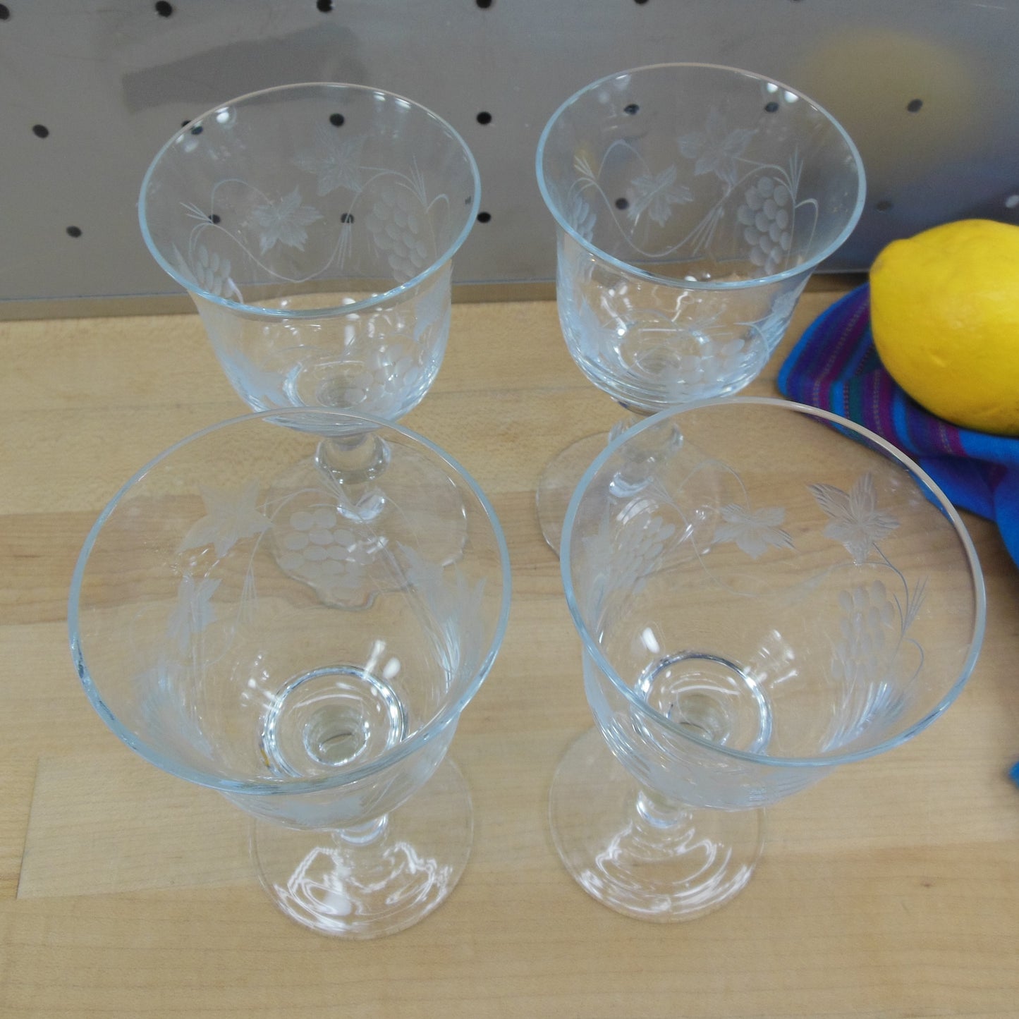 Krosno Poland Cut Glass Wine Goblets Grape Bunch Vine 4 Set Used