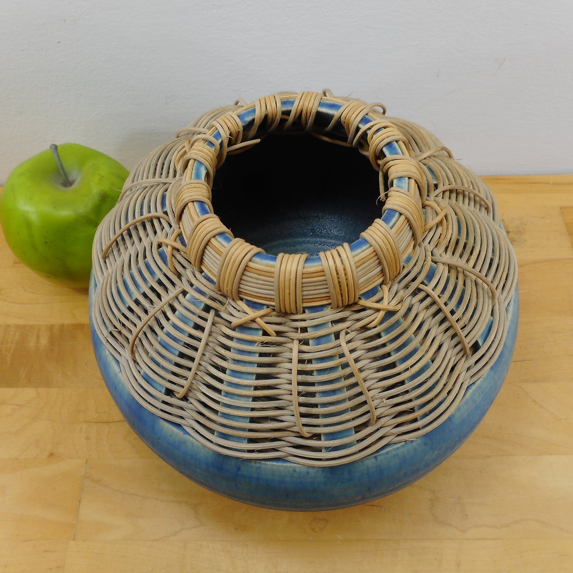 Kidd Wiesenmeyer 1991 Signed  Art Pottery Basket Vase Blue Glaze