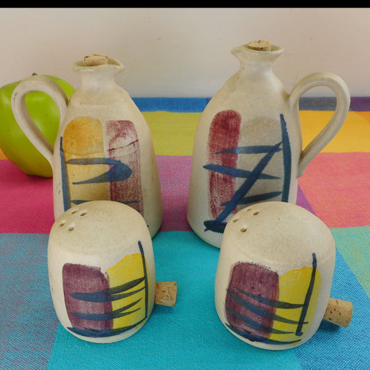 MCM 4 Pieces Pottery Shakers Cruet Jugs Signed Koch**e? Brush Stroke Roche Era