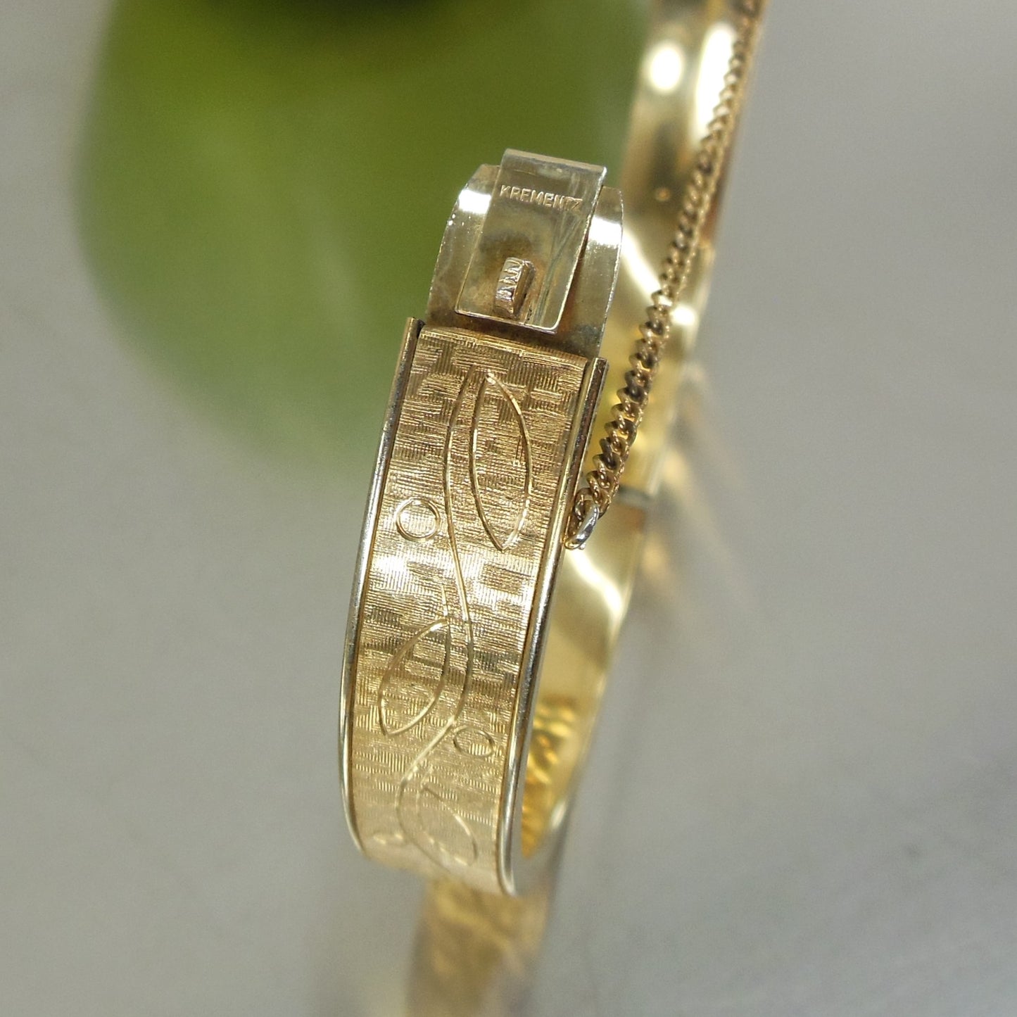 Krementz Gold Filled Etched leaf Vine Berry Hinged Cuff Bracelet Signed