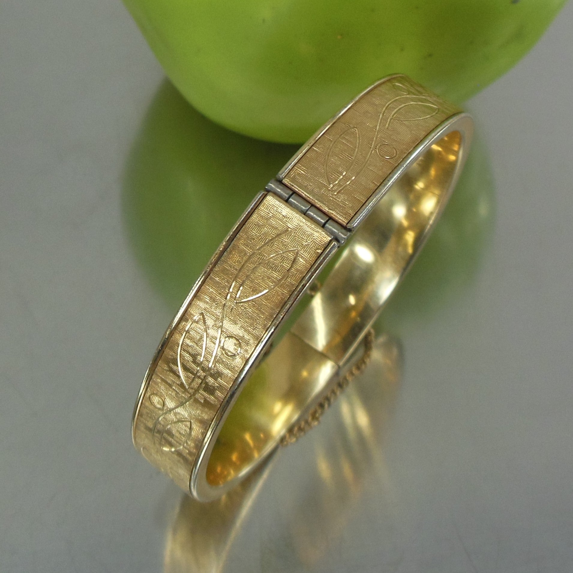 Krementz Gold Filled Etched leaf Vine Berry Hinged Cuff Bracelet Mid century
