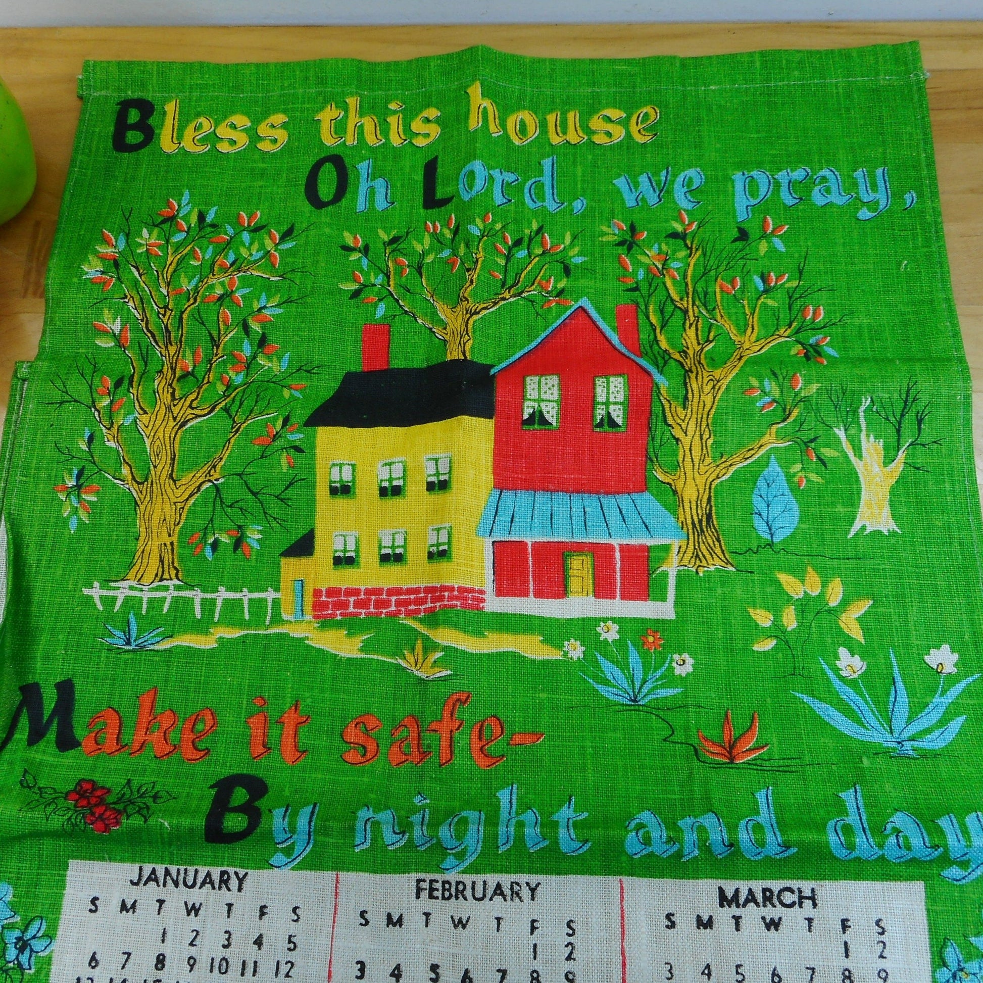 Kitchen Tea Towel Vintage 1974 Calendar Linen - "Bless This House" Prayer Vintage